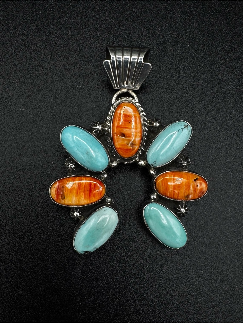 Navajo Artisan Signed Turquoise and spiny Oyster Pendant
